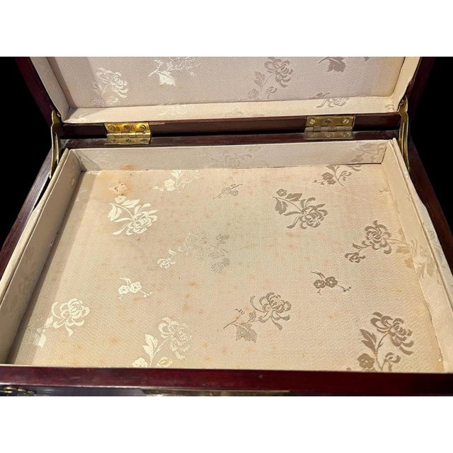 Vintage Chinese Chinoiserie Oriental Rosewood & Brass Jewelry Box, Silk Lining For Sale - Image 10 of 10