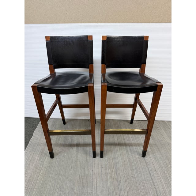Rustic Walnut Wood + Black Leather Bar Stools, Pair For Sale - Image 3 of 12
