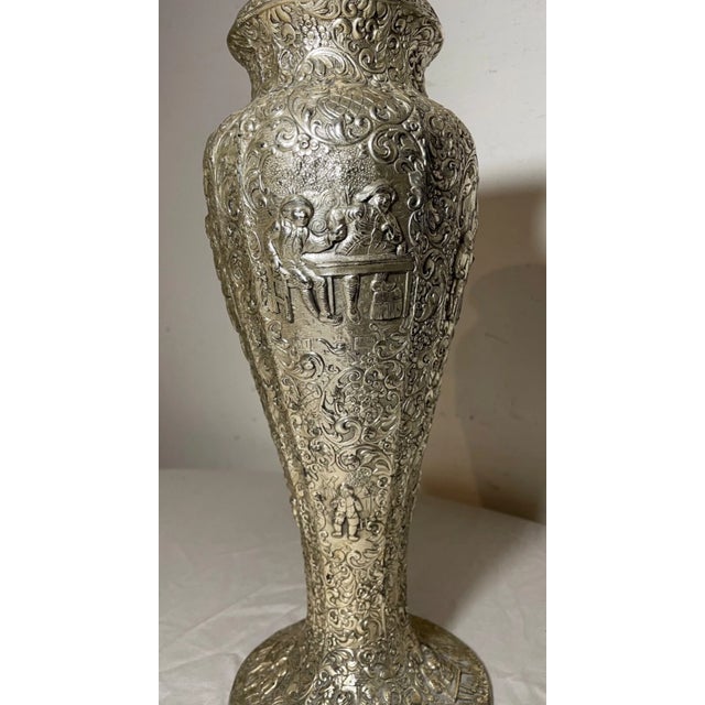1920s Large Antique Ornate Detailed Silverplate Dutch Figural Repousse Relief Vase For Sale - Image 5 of 17