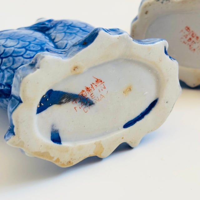 Blue and White Porcelain Kissing Koi Fish Vase For Sale - Image 12 of 12