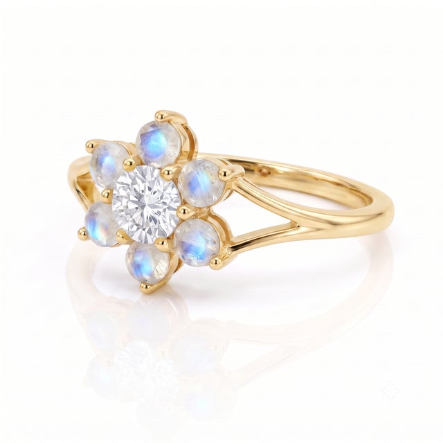Contemporary Natural Moonstone Flower Ring | Gemstone Split Shank Ring | Floral Cluster June Birthstone Ring Us 7 (All Sizes Available) For Sale - Image 3 of 4