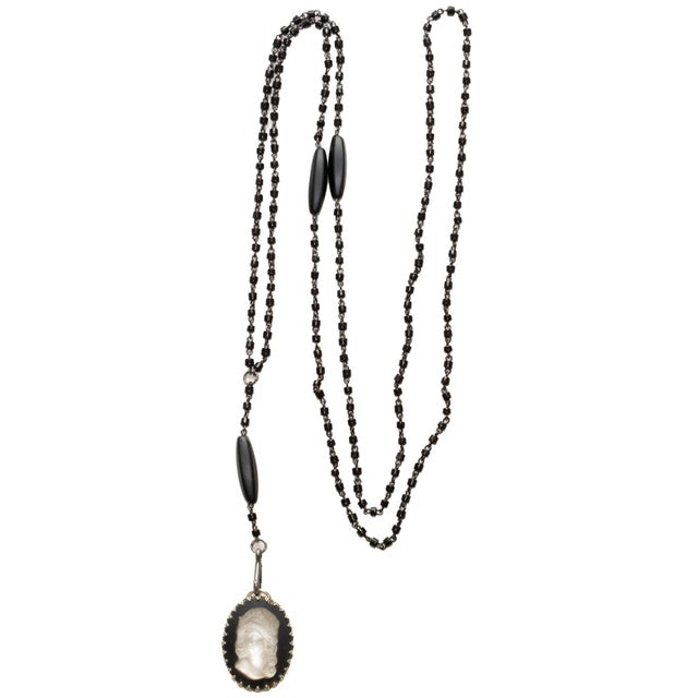 Mid-Century Modern Vintage Black Beaded Wrap Necklace With Lalique Glass Cameo, 1940's For Sale - Image 3 of 18