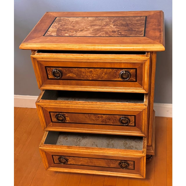 Vintage Burl Wood Veneer Inlaid Three-Drawer Chest With Bun Feet For Sale In Boston - Image 6 of 10