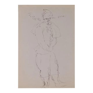 Louis Touchagues, Costumed Character, Ink Drawing on Paper, Mid-20th Century For Sale