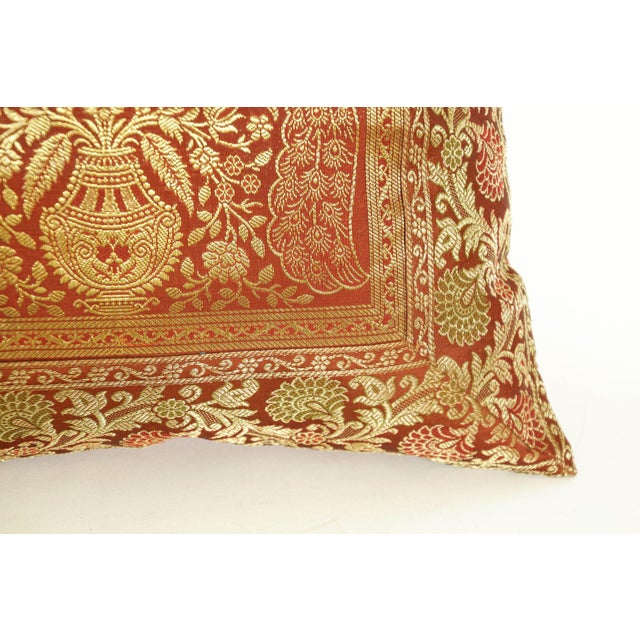 Red Silk Throw Pillow With Elephants and Peacocks India For Sale In Palm Springs - Image 6 of 11