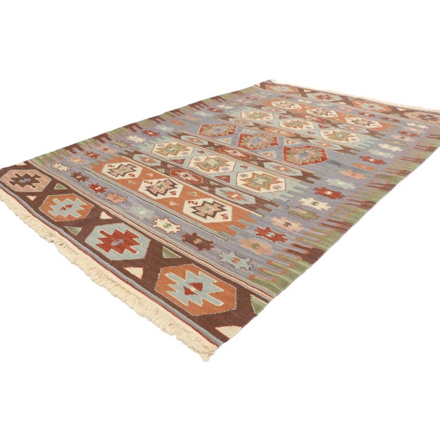 Vintage Persian Shiraz Kilim Rug with Bohemian Tribal Style 03'08 x 05'07. Full of tiny details and a bold expressive...