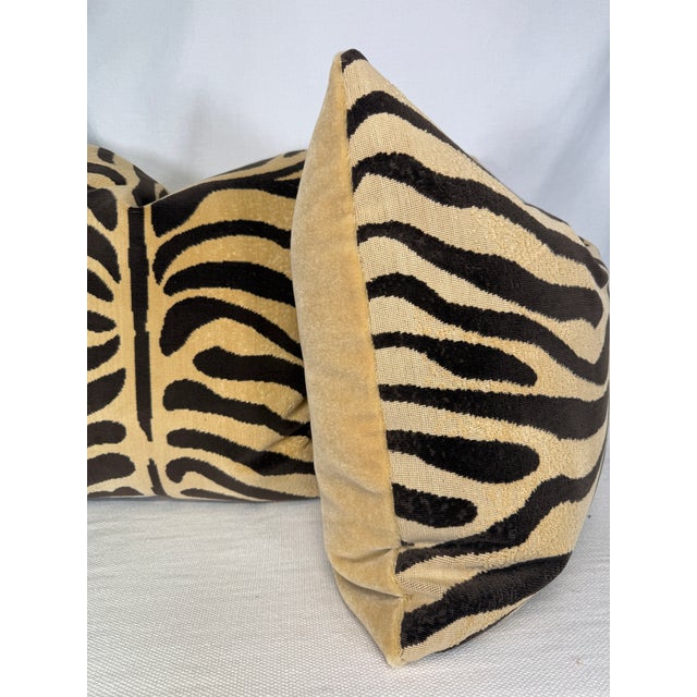 Custom pair of 22" pillows covered in Schumacher "Ze'bre Epingle Velvet in color brown/beige and backed in a coordinating...