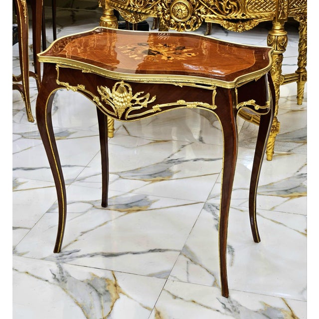 French Italian Louis XV Floral Marquetry Side Table With Gold Leaf Accents & Elegant Cabriole Legs For Sale - Image 3 of 6