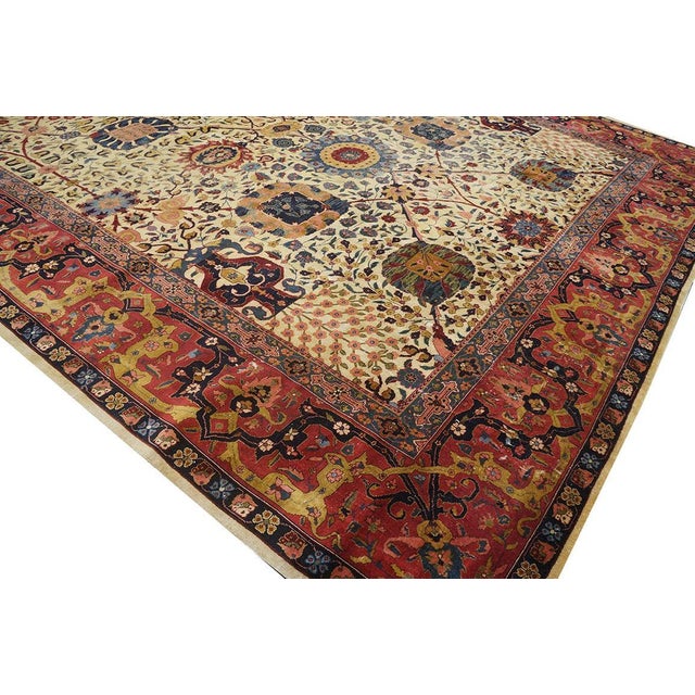 Early 20th Century 1900s Ivory Floral Traditional Antique Indian Lahore Rug 11' X 18'10'' Handknotted Wool Carpet For Sale - Image 5 of 9