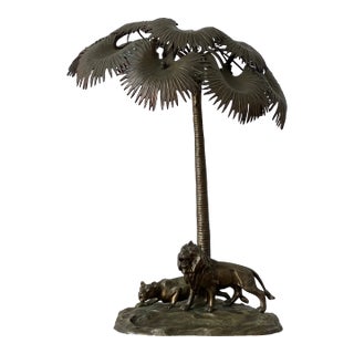 1900s Austrian Bronze Palm and Lion Lamp For Sale