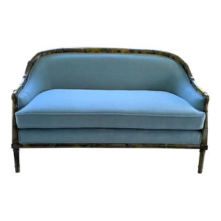 Vintage Faux Bamboo Tortoise Shell Settee in Blue Velvet Upholstery For Sale