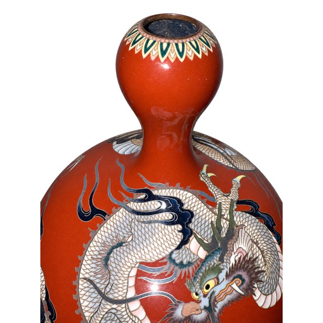 Japanese Cloisonne Enamel Red Gourd Shaped Dragon Vase Meiji For Sale - Image 10 of 10