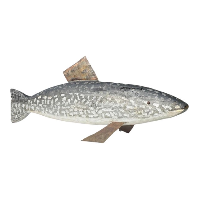 Vintage Large Hand-Carved Folk Art Fish Centerpiece With Hand-Forged Steel Fins For Sale