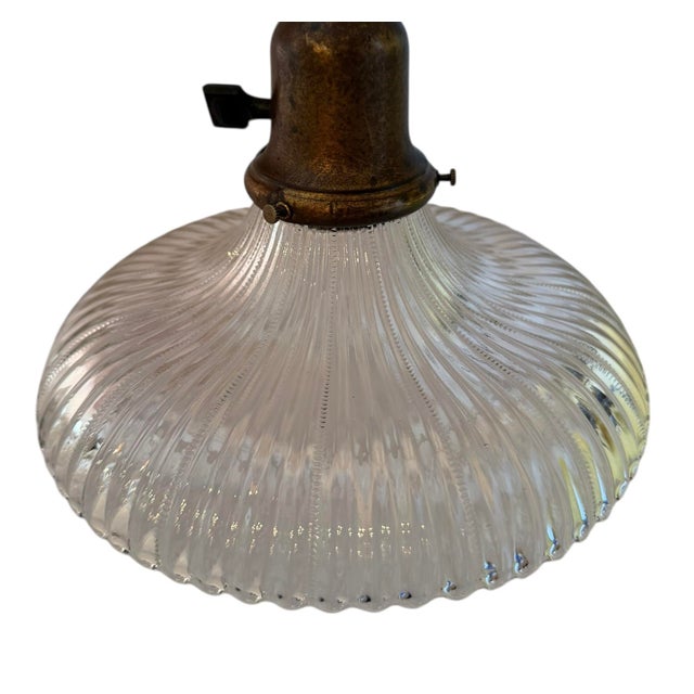 Mid 20th Century Rare Pair of Beaded and Ribbed Halophane Hanging Pendant Ceiling Lights Circa 1920’s For Sale - Image 5 of 6