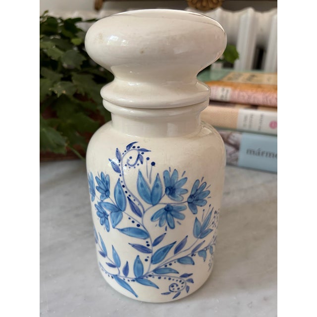 Delightful 1980s hand-painted folk art ceramic canister, signed and dated 1982 by the artist. Perfect on the kitchen or...