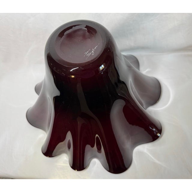 Dan Bergsma Deep Red Gold Iridescent Art Glass Wave Bowl Vase 18” For Sale - Image 10 of 12