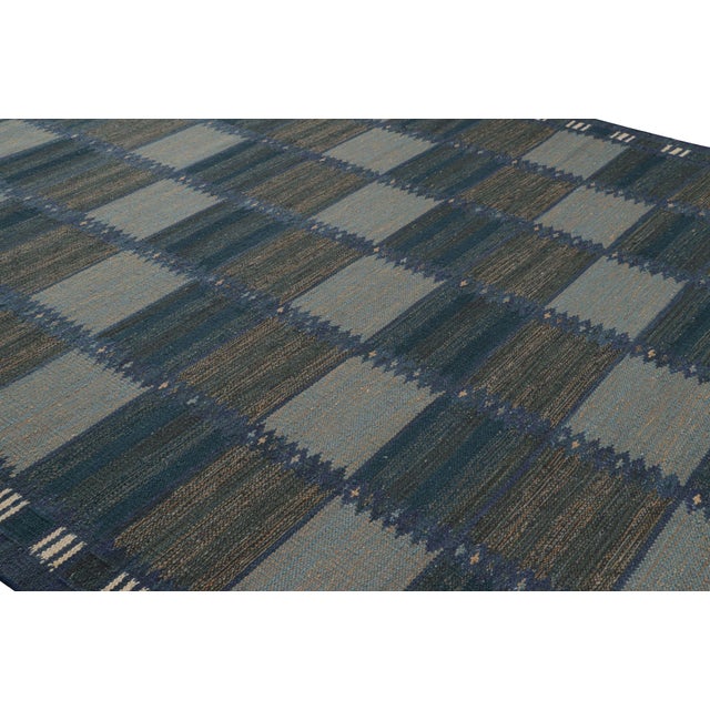 Late 20th Century Rug & Kilim’s Scandinavian Rug in Blue and Brown Geometric Patterns For Sale - Image 5 of 7