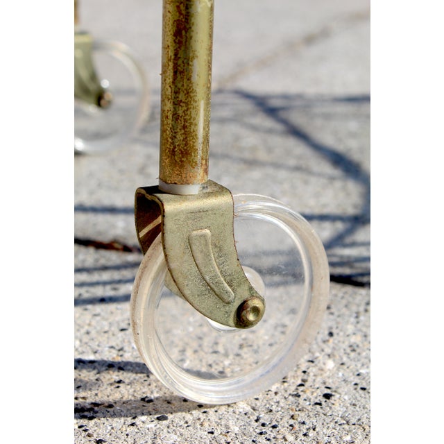 Mid-Century Modern Brass & Glass Bar Cart With Blue & Gold Medallion Top | Hollywood Regency For Sale - Image 14 of 18