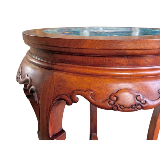 Mid 20th Century Mid-20th Century Chinese Rosewood Tables With Inset Cloisonné Tops- A Pair For Sale - Image 5 of 7