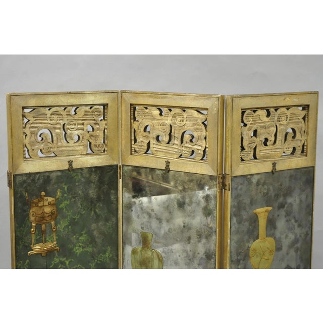 Antique Chinoiserie Oriental Eglomise Antiqued Mirror Glass 3 Panel Room Screen For Sale - Image 4 of 18