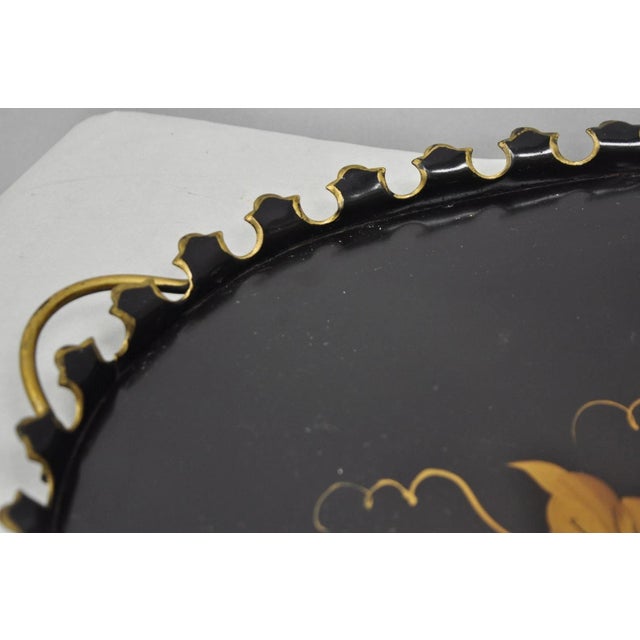 Black Vintage French Country Black and Gold Hand Painted Oval Toleware Serving Tray For Sale - Image 8 of 15