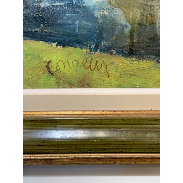 This beautiful mid 20th century oil painting beautifully captures the essence of village life by the water. This oil-on-...
