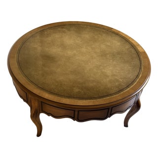 Mid-Century Weiman "Heirloom Quality" Round French Provincial Coffee Table With Gold-Tooled Leather Top For Sale