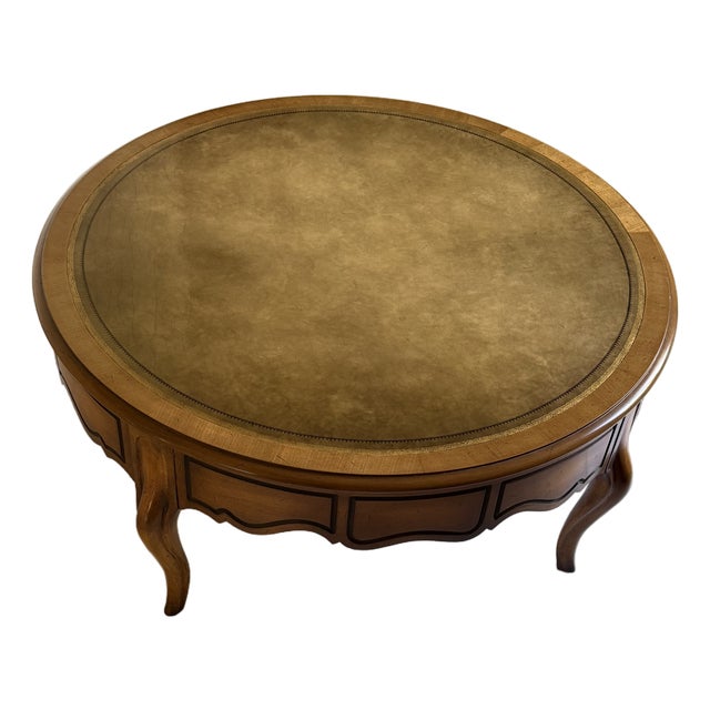 Mid-Century Weiman "Heirloom Quality" Round French Provincial Coffee Table With Gold-Tooled Leather Top For Sale
