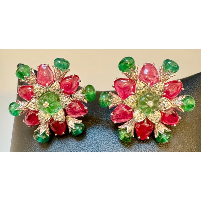 Tutti Frutti Earrings/ Natural Emerald Rubellite Earrings/ Carving Leaf 18 KWG For Sale - Image 14 of 18