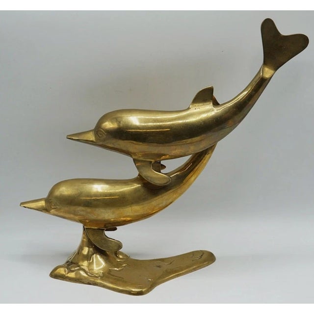 1970s Solid Brass Dolphin Sculpture Mid Century Modern Coastal Decor 12” For Sale - Image 5 of 8