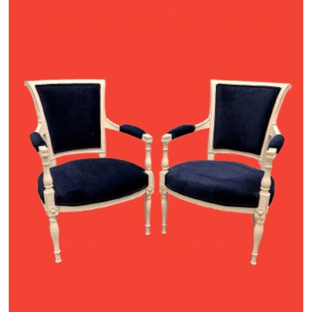 Vintage Classic French “ Petite “ Louis XVI Style Armchairs Featuring Deep Navy Blue Velvet Upholstery - A Pair For Sale - Image 10 of 12
