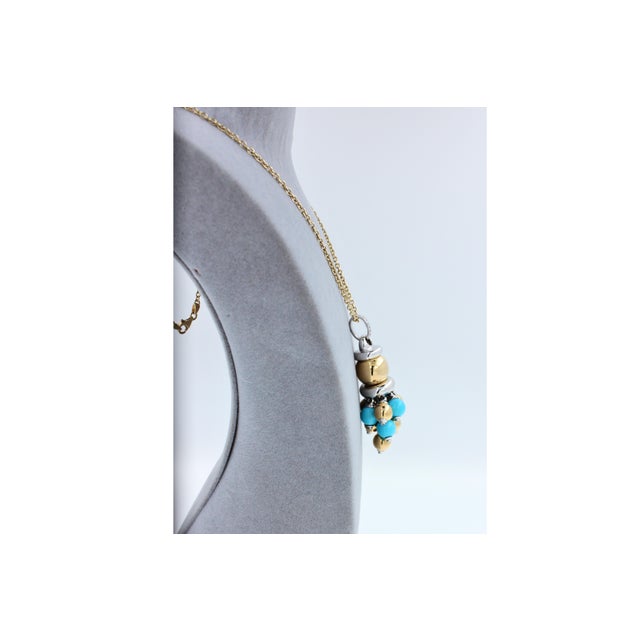 Blue Turquoise Diamonds Golden Sphere Bells Motif Two Tone Gold Pendant Necklace For Sale In Washington DC - Image 6 of 15