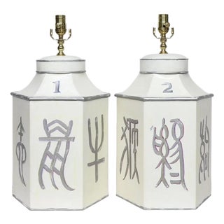 A Pair of Hand-Painted Hexagonal Tin Tea Canister Table Lamps With Silver Calligraphic Designs (1-2) For Sale