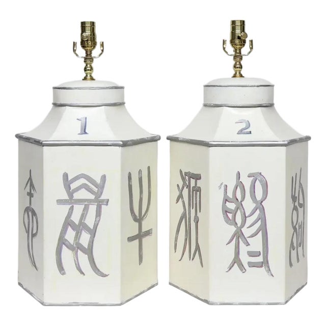 A Pair of Hand-Painted Hexagonal Tin Tea Canister Table Lamps With Silver Calligraphic Designs (1-2) For Sale
