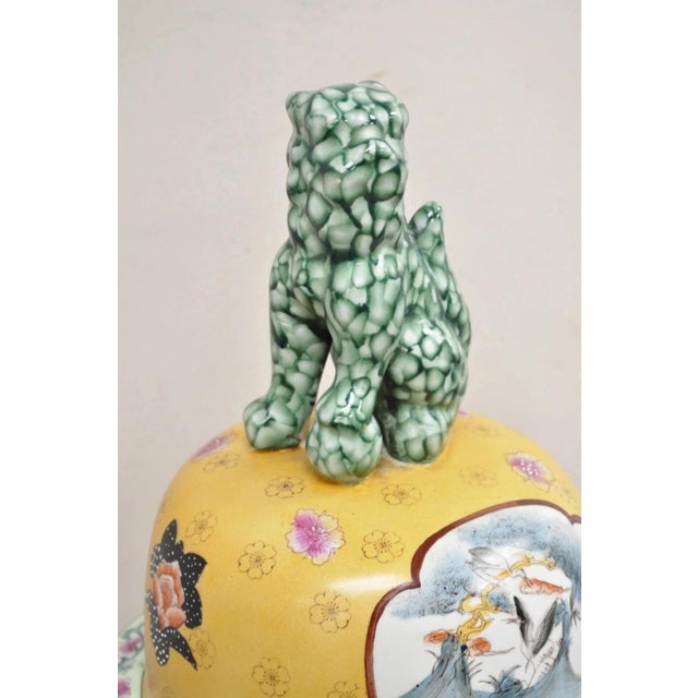 Vintage Chinese Porcelain Large Foo Dog Covered Temple Urns Ginger Jars - A Pair For Sale - Image 4 of 12