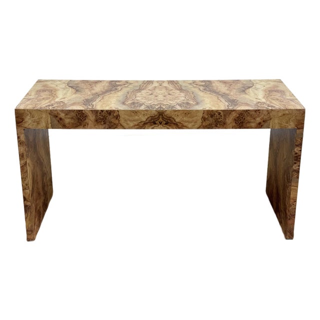 Vintage Mid Century Faux Burlwood Formica Console Table For Sale