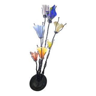 1990s Handmade Wrought Iron Floor Lamp with 7 Lights and Blown Glass Shades For Sale