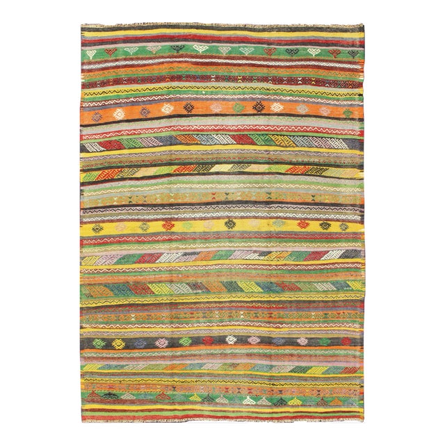 Mid 20th Century Vintage Turkish Kilim Rug With Colorful Stripe and Diamond Motif Designs For Sale