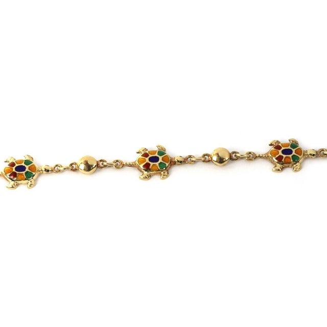 Mid 20th Century Mid 20th Century Multi-Color Enamel Turtle 14k Yellow Gold Charms Bead Bracelet For Sale - Image 5 of 6