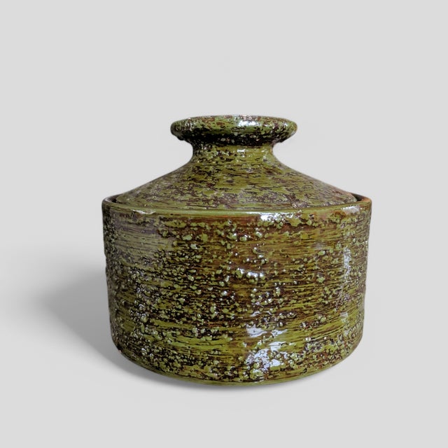 Rare Vintage Bitossi for Rosenthal Netter Green Ceramic Vessel with Heraldic Coat of Arms Medallion on Lid Has a Green...