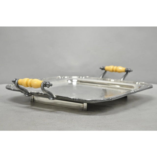 Victorian Vintage Sheffield Silver Plated Square Serving Bar Tray W/ Celluloid Handles For Sale - Image 3 of 17