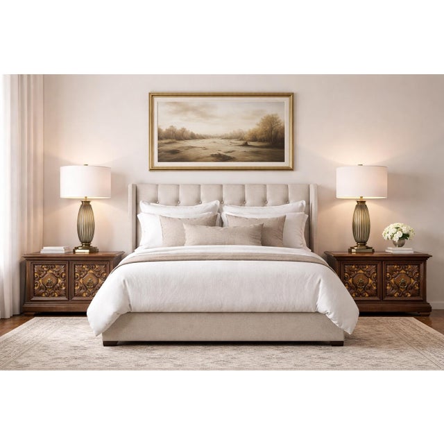 Wood Mid 20th Century Pair of Spanish Revival Carved Walnut Nightstands With Velvet Backed Doors and Brass Ring Pulls For Sale - Image 7 of 9