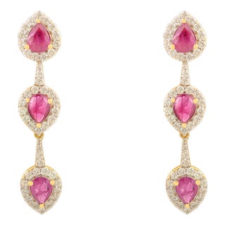 14k Gold Pear Drop Ruby Diamond Dangle Earrings- 2 Pieces For Sale