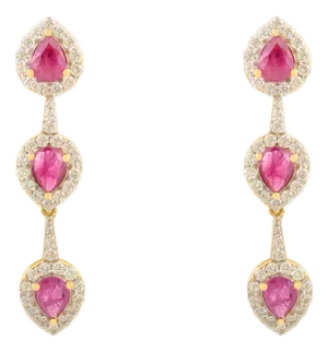 14k Gold Pear Drop Ruby Diamond Dangle Earrings- 2 Pieces