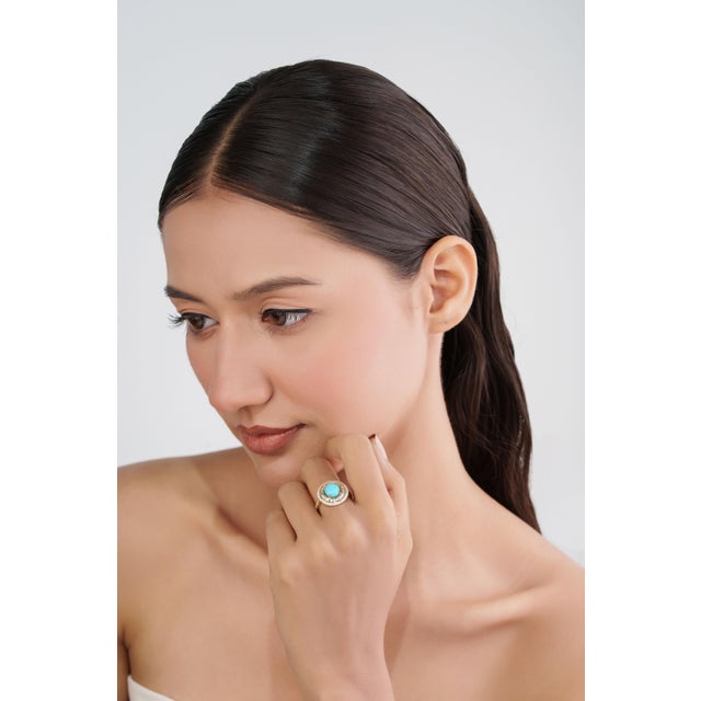Art Deco Revival 1.52ct Round Turquoise & Diamond Halo Ring Size 4 in 14k Yellow Gold For Sale - Image 9 of 17