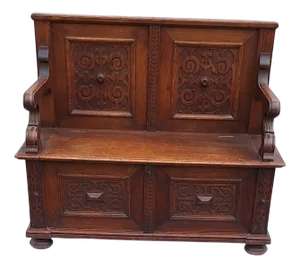 Antique German Chest Bench in Carved Oak, 1880s