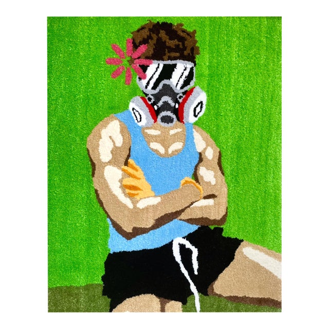 Cedric Vu "Do You Smell Fumes?" Tufted Yarn Work, Gas Mask Figure, Electric Green, Contemporary California Textile Art, Pop Art, 2025 For Sale