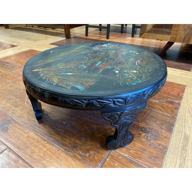 Mid 20th Century Japanese Mother of Pearl Hand Painted + Carved Round