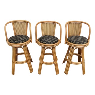 Hollywood Regency Swivel Bamboo Rattan Barstools a Set of Three 6380 For Sale