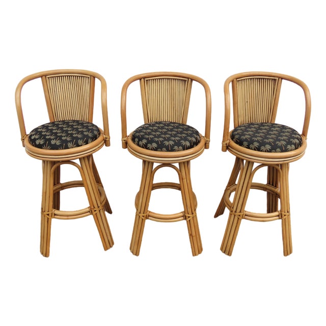 Hollywood Regency Swivel Bamboo Rattan Barstools a Set of Three 6380 For Sale